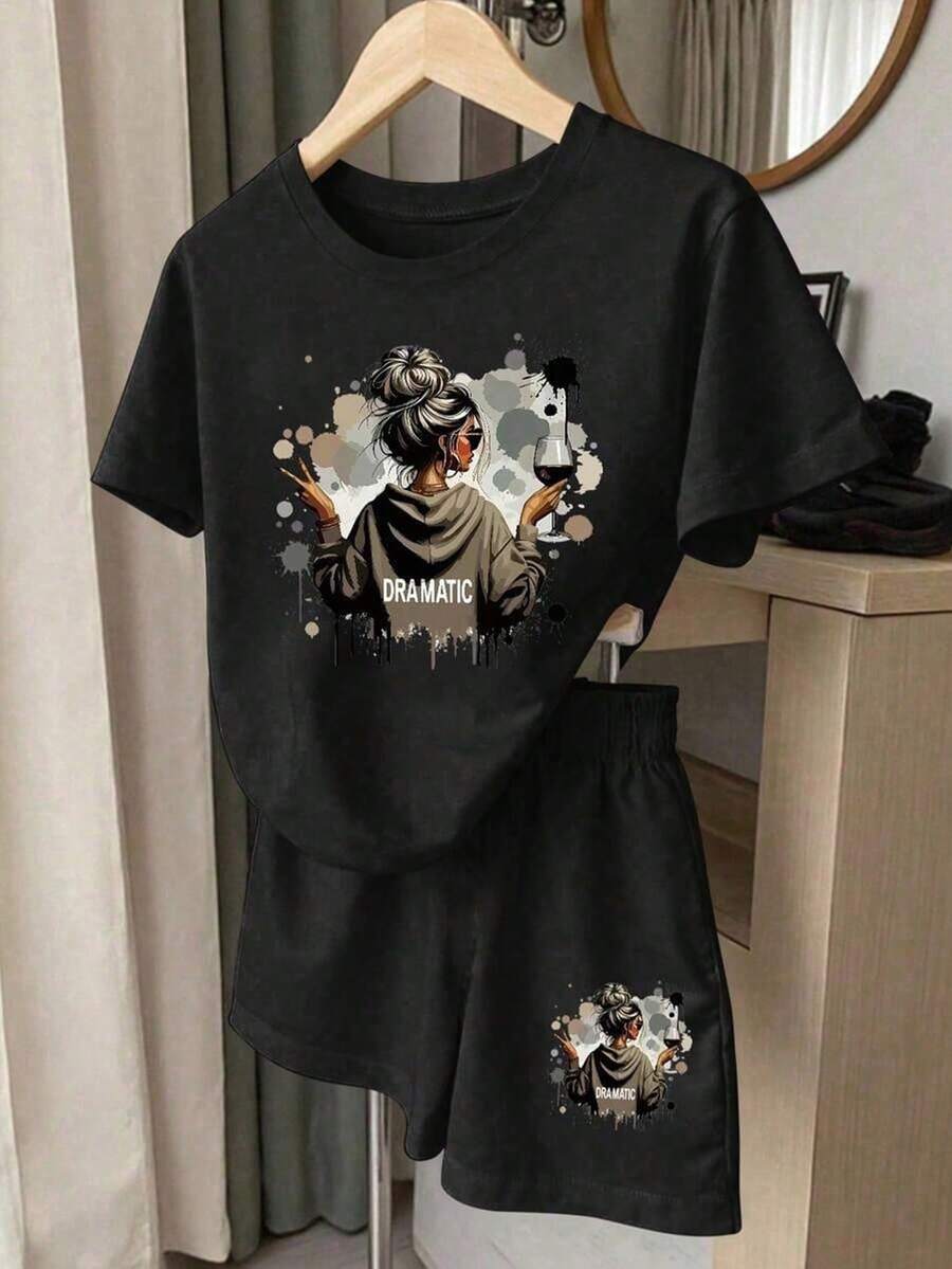 2pcs/Set Teen Girl Casual Minimalist Girl Portrait Graphic Black Short Sleeve Round Neck T-Shirt And Shorts, Fashionable Versatile Basic Comfortable Daily Wear, Suitable For Girls In Spring, Summer, Autumn And Winter - Multicolor - View 1