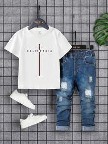 SHEIN Playful Pals Conjunto de 2 piezas de camiseta de manga corta con estampado de letras y pantalones vaqueros largos para niños pequeños, de verano - Multicolor - Ver 3