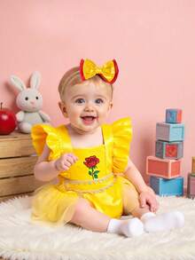 SHEIN Baby Girl Rose Embroidery With Frill Straps And Mesh Joint Bodysuit, Gorgeous Cute Elegant Stylish Comfortable And Lovely For Spring And Summer - Yellow - View 7
