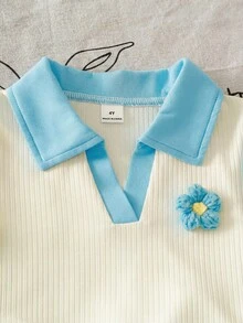 SHEIN Genkimix Kids 女童休閒可愛3D花朵翻領無袖上衣與牛仔裙褲套裝，夏季校園返校度假日常穿搭 - 藍色 - 查看 4