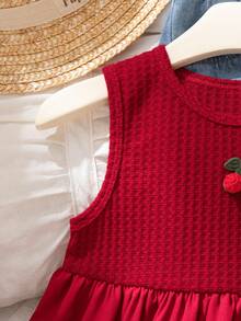 两件套少女夏季新款华夫格无袖背心，搭配3D樱桃图案上衣和宽松长款牛仔裤，甜美度假装 - 紅色 - 查看 7