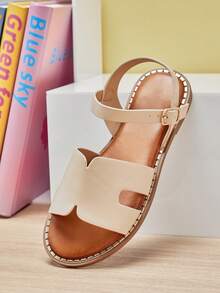 Mini mi Sandal đế bằng cho bé gái, kiểu dáng hở gót, quai ngang mắt cá chân, chất liệu PU cao cấp, đế ngoài viền vàng, lót trong thoải mái, thời trang sành điệu hàng ngày. - trắng - Xem 7