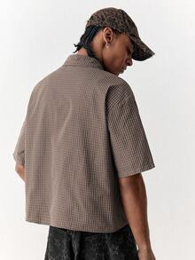 SWAVVY Men's Casual Plaid Letter Embroidery Short Sleeve Shirt, Summer - Brown - View 3