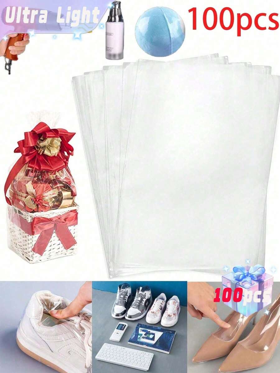 SHEIN 100 个热收缩包装袋、收缩膜、PVC 透明封口膜、防尘热收缩膜袋、无味透明包装自制 DIY、真空储物袋、透明平板玻璃纸/玻璃纸零食袋、家用储物袋礼品袋、适用于糕点、烘焙、饼干、糖果和甜点、浴球、化妆品、蜡烛、小礼物、罐子、卧室、旅行、办公室、厨房、浴室、家居用品、肥皂套包装、鞋子 - 無色 - 查看 1