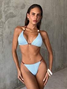Swim Vcay Set de costume de baie elegante pentru femei, primăvară/vară, cu imprimeu floral, material special, fără mâneci, cu bretele spaghete, decorat cu top și pantaloni scurți de baie, pentru plajă și vacanță - Albastru - Vizualizare 6