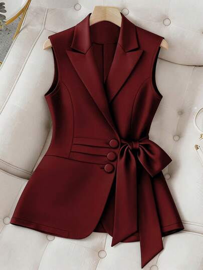 GlowEve CURVE Plus Size Solid Color Wrap Tie Elegant Sleeveless Blazer