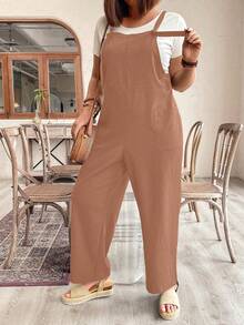 Breezaya Plus Size Women Solid Color Pocket Casual Everyday Wear Bib Overall Pants - Pink - View 5
