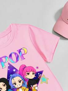 SHEIN 少女春夏休闲时尚创意个性清新简约酷炫虚拟少女团体五角星字母印花短袖T恤裙，舒适日常穿着，适合春、夏、秋季穿着。 - 卡其色 - 查看 6