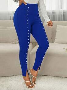 SHEIN Lady Quần legging nữ cạp cao, xẻ tà, đính hạt cườm - Xanh đậm - Xem 6