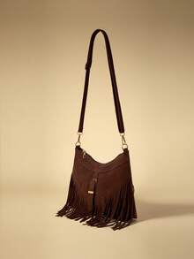 Travachic 1pc Fringed Decor Solid Color Suede/PU Leather Crossbody Bag, Vintage Chic Style, Suitable For Women Everyday Use In Autumn/Winter, Newest Fashionable Suede Bag For Women, Perfectly Matching With Fall Outfits Women Fall Clothes For Women - Coffee - View 3