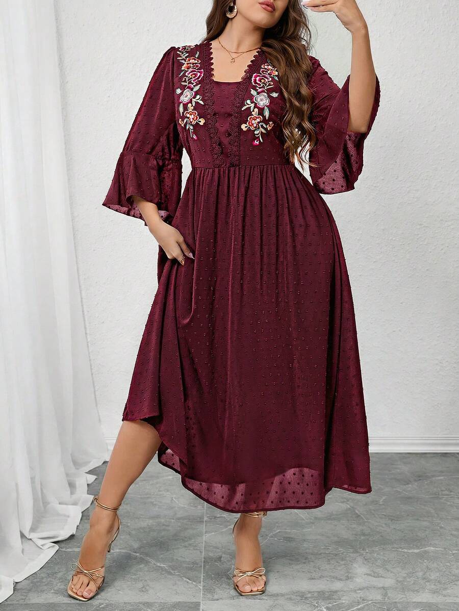 Modelyn Große Größen Elegantes Partykleid für Damen mit floraler Stickerei und geraffter Taille - Bordeaux - Übersicht 1