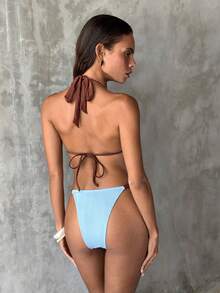 Swim Vcay Set de costume de baie elegante pentru femei, primăvară/vară, cu imprimeu floral, material special, fără mâneci, cu bretele spaghete, decorat cu top și pantaloni scurți de baie, pentru plajă și vacanță - Albastru - Vizualizare 2