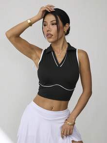 CourtClass Women's Trimmed Daily Fitness Cropped Sports Yoga Polo Tank Top - Black - View 4