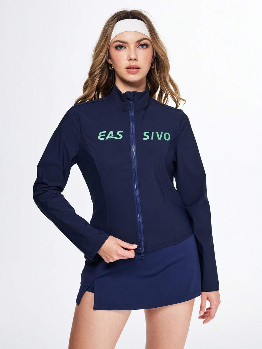 Eassivo 女士字母印花长袖休闲运动夹克 - 藍色 - 查看 1