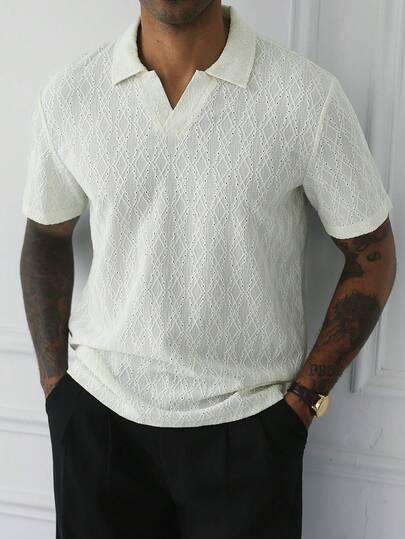 HUEFORM Men's Old Money Short Sleeve Textured Fabric V Nevk Polo Shirt, Suitable For Outings Vacation, Gatherings, And Holiday For Summer Off-White Casual