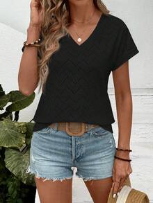 SHEIN LUNE 女士纯色V领休闲百搭日常短袖T恤 - 黑色 - 查看 4