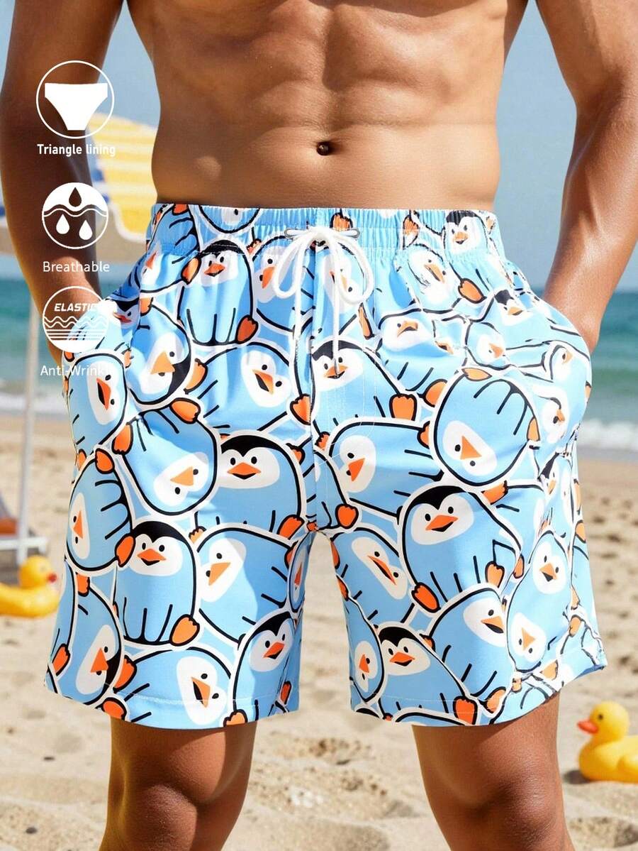 Manfinity Swimmode Quần short đi biển nam in hình hoạt hình, có dây rút. - Màu xanh lam - Xem 1