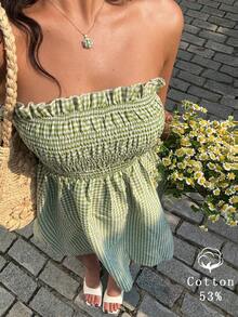 Sunnyshic Đầm mùa hè kiểu dáng quây ngực gợi cảm, chất liệu vải kẻ caro màu xanh lá cây tinh khiết, ôm dáng, dáng chữ A, thích hợp cho nữ, thích hợp mặc đi biển hoặc nghỉ mát. - màu xanh lá - Xem 2