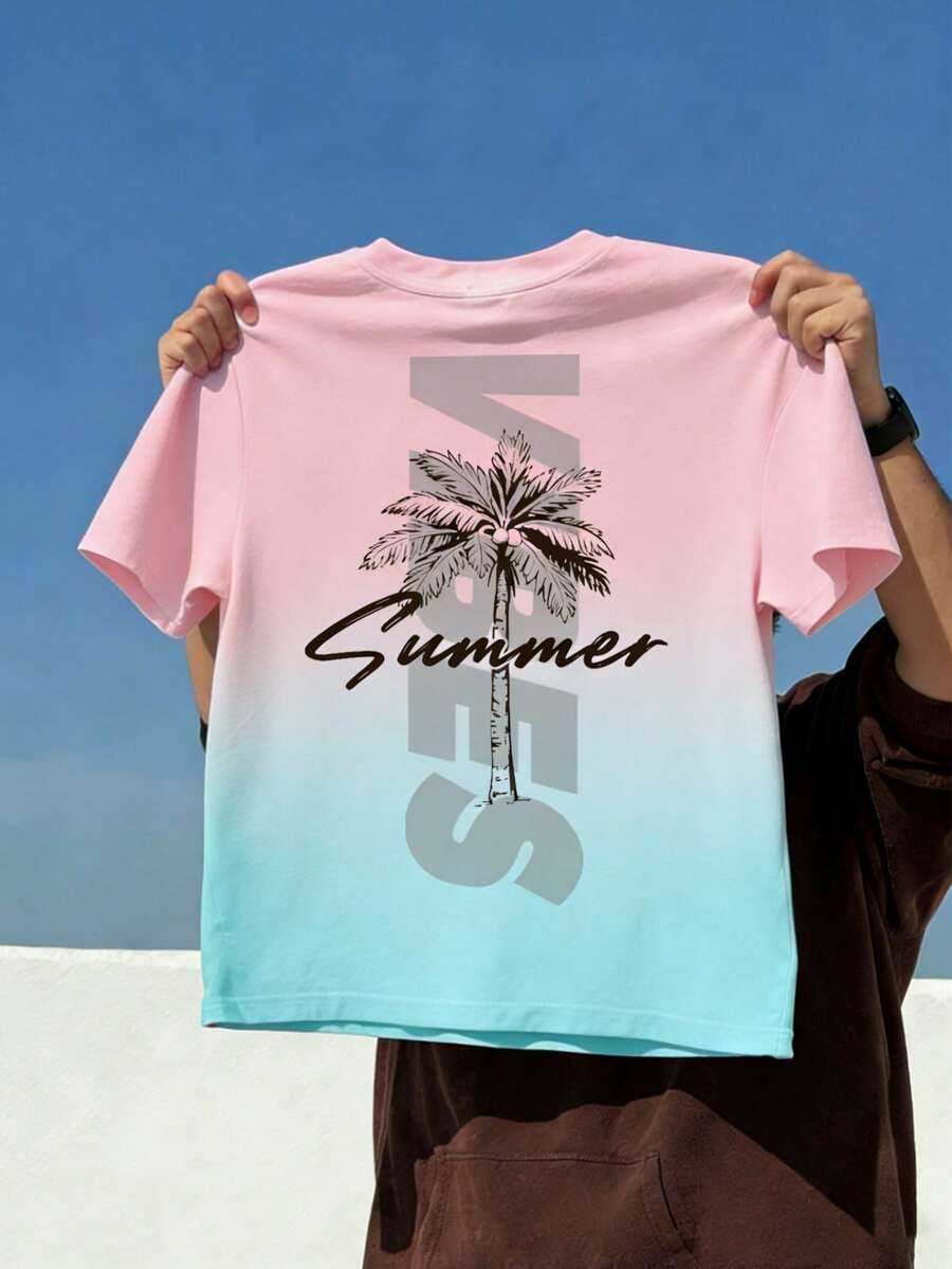 Áo thun cổ tròn in hình cây cọ chuyển sắc và dòng chữ VIBES, chủ đề kỳ nghỉ biển Los Angeles, dành cho bé trai lớn. - Nhiều màu - Xem 1