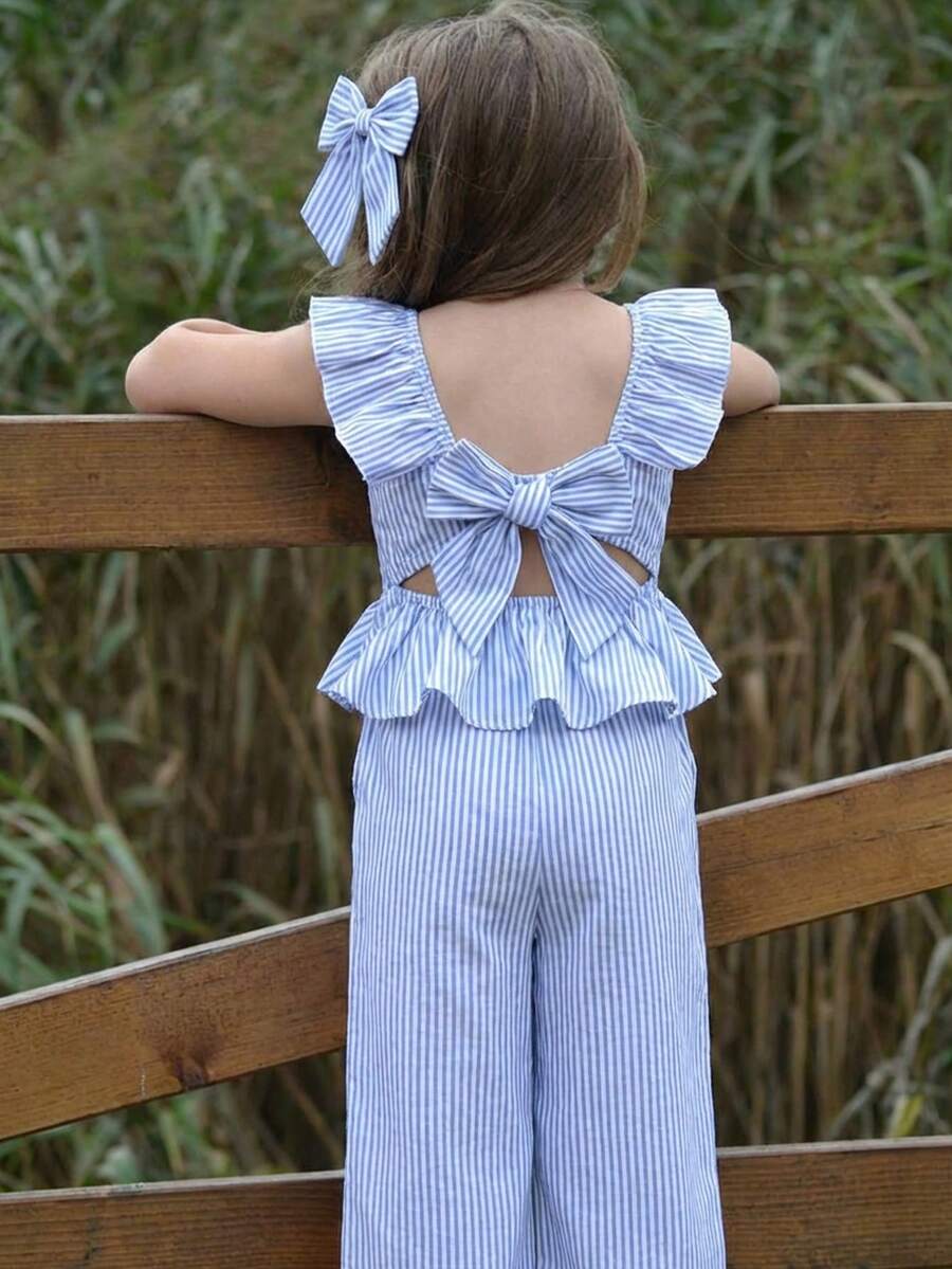 Emery Rose Kids Emery Rose Kids 2件組 青少年女孩藍白條紋荷葉邊襯衫與長褲套裝,可愛夏季度假穿搭,休閒兩件式套裝 - 杏色 - 查看 1