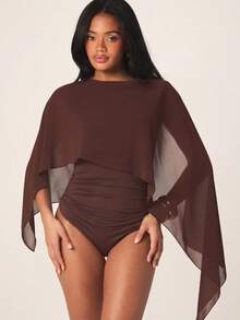 MISSGUIDED 女士棕色雪纺披肩连体衣，蕾丝下摆细节和垂褶设计，适合晚间特殊场合 - 咖啡棕 - 查看 1