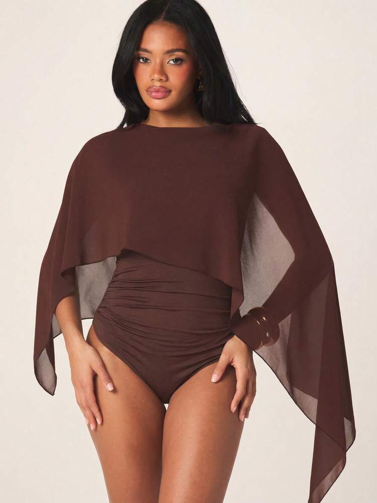 MISSGUIDED Women's Brown Chiffon Cape Bodysuit With Lace Hem Detail And Draped Overlay For Evening Special Occasions