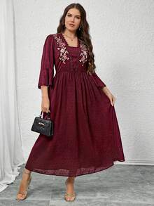 Modelyn Große Größen Elegantes Partykleid für Damen mit floraler Stickerei und geraffter Taille - Bordeaux - Übersicht 6