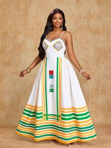 Brilight 女士时尚度假连衣裙，宽松A字廓形，条纹印花，波西米亚风格。适合婚礼季、节日、毕业季、情人节、派对等各种场合。春夏连衣裙。 - 黃色 - 查看 6