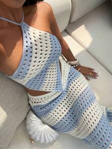 Sunnyshic Bộ đồ nữ gợi cảm thời trang đi biển, áo hai dây và chân váy maxi kẻ sọc xanh trắng nhiều màu sắc, áo len dệt kim 2 mảnh, thích hợp cho mùa hè. - Nhiều màu - Xem 1