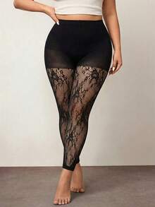 Enliva Plus Size Women Lace Sexy Versatile Date Night Footless Tights, For Apple And Rounded Body Shape - Black - View 4