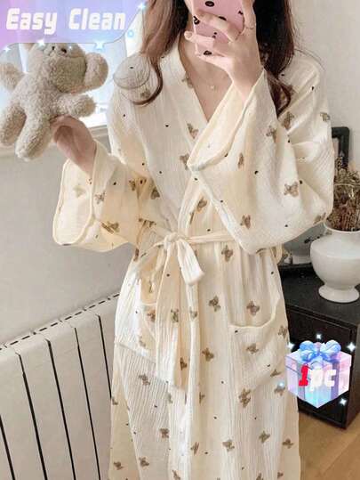 SHEIN Teddy Bear Print Lightweight Solid Color Robe/Kimono, Minimalist European Style, Long Sleeve, V-Neck, With Pockets, Comfortable Women Lounge Sleepwear Bathrobe, Spring & Autumn Summer Wedding Home Bathroom Decor Back To School