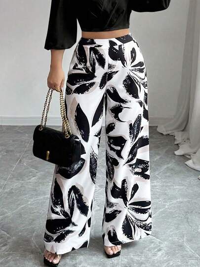 Elenzga Quần ống rộng cạp cao in hoa dáng suông thoải mái dành cho nữ cỡ lớn