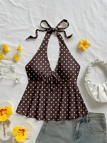 Soleia Áo ngủ nữ kiểu dáng retro chấm bi cổ chữ V buộc nơ, hở lưng, thích hợp cho kỳ nghỉ hè. - Nhiều màu - Xem 3