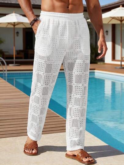 VENTUSAIL Men's Casual Lace Stretch Waist Loose Straight Leg Knit Pants, Suitable For Everyday Wear.Men Old Money,Daily Leisure, Weekend Trips, Outdoor Activities, Travel Expeditions, Relaxed Work Environments Or Semi-Formal Occasions, Boyfriend/Husband Gift, Anniversary /Birthday Gift Party Summer Vacation Holiday,Wedding,Spring To Summer,Easter,Y2k,Vintage,White Crochet Knit Wide Leg Pants For Beach Cover Up And Summer Outfits,White Beach Pants,Swimsuit Cover Up Pants,Lace Pants