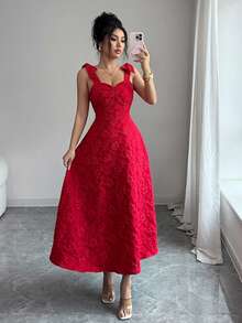 Elenzga Women's Bowknot Strap Textured Jacquard Cinched Waist Camisole Dress - Red - View 3