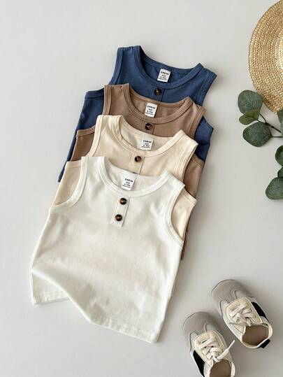 SHEIN Playful Pals Bộ 4 áo ba lỗ dệt kim màu trơn, kiểu dáng thường ngày, có cúc trang trí phía trước, được làm từ chất liệu vải dệt kim cao cấp, mềm mại và dễ mặc nhiều lớp, thích hợp cho các hoạt động ngoài trời, mặc thường ngày, du lịch, phù hợp cho bé trai từ 6 tháng đến 3 tuổi. Áo ba lỗ dệt kim, áo ba lỗ nhiều chiếc, áo ba lỗ màu trơn, áo cho bé trai.