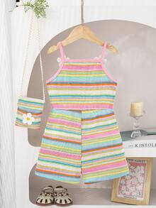 SHEIN Sparklyn Young Girls Multicolor Stripe Crochet Cami Shorts Romper Vacation Outfit - Multicolor - View 2