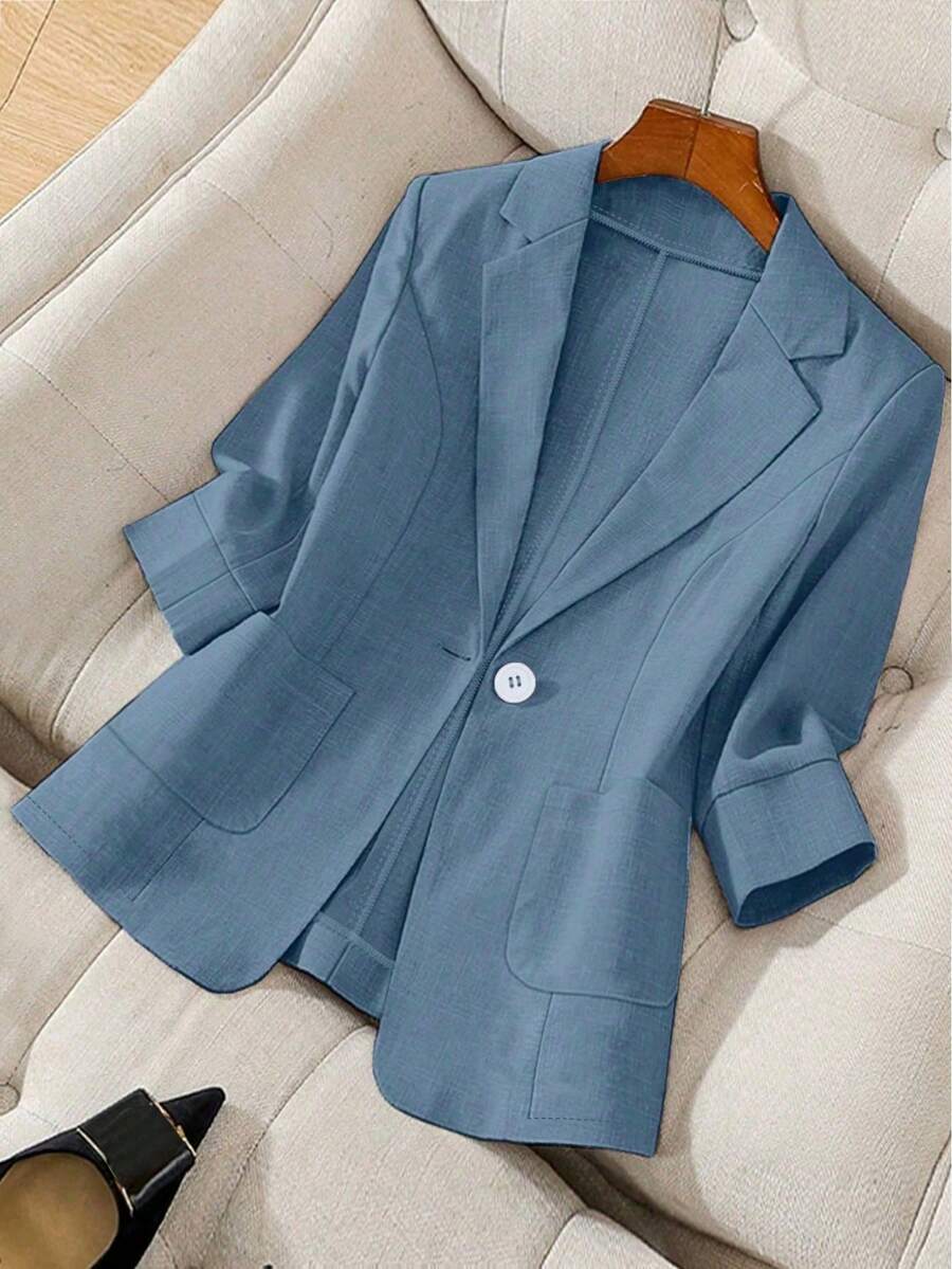 GlowEve CURVE Blazer de manga larga de talla grande para mujer, de un solo botonadura, con cuello muescado, de unicolor, versátil y apropiado para el trabajo - Azul - Ver 1