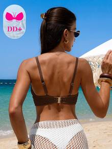 Swim DD+ 女士性感DD+聚拢钢圈泳衣上装，亮面面料，珍珠装饰肩带，适合春夏穿着 - 棕色 - 查看 2