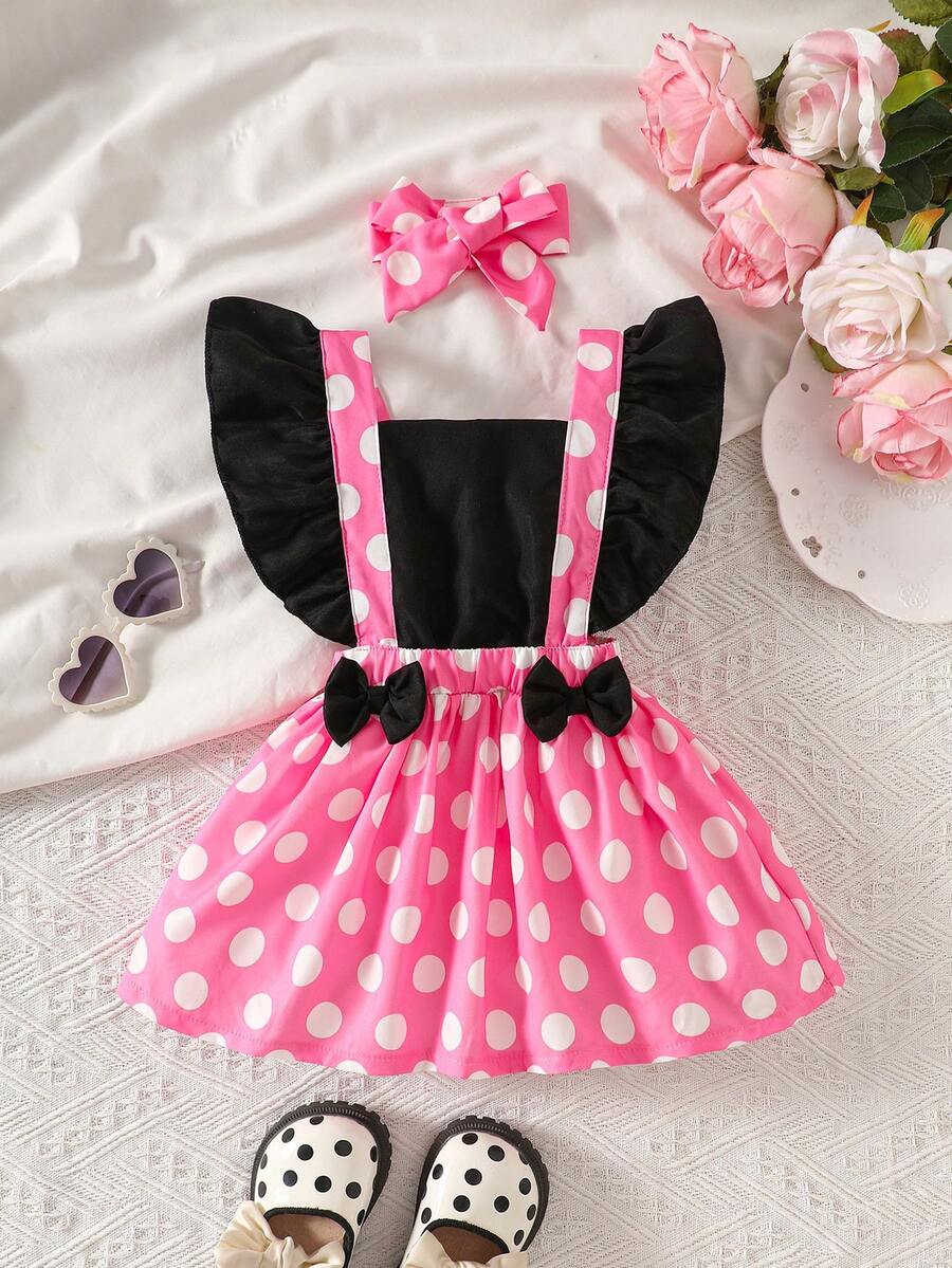 SHEIN Playful Pals 女嬰粉色白色波點夏季可愛生日公主洋裝 荷葉袖蝴蝶結裝飾吊帶派對洋裝 日常出遊拍照穿搭 - 粉色 - 查看 1