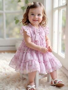 SHEIN Baby Girls' Fashionable Casual Floral Print Bow Decor Cake Dress, Suitable For Spring, Summer, Autumn, Vacation, Festivals, Parties, Daily Wear - Purple - View 3