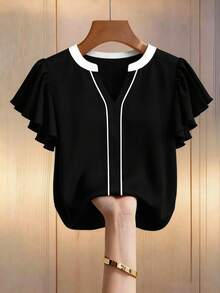 GlowEve CURVE Plus Size Women's Elegant Fashion V-Neck Contrast Color Ruffle Sleeve Casual Blouse - Black - View 8