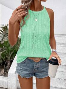 EMERY ROSE Mint Green Summer Casual Elegant Vacation Solid Color Textured Knitted Halter Top For Women,Cute Ladies Textured Summer Tank Tops - Green - View 3