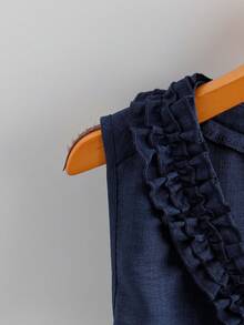 GlowEve Áo kiểu dáng thanh lịch, chất liệu vải dệt giả lanh, cổ chữ V, viền bèo nhún ở eo, thích hợp cho công sở hoặc đi nghỉ mát. - Màu xanh hải quân - Xem 3