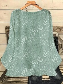 EMERY ROSE Plus Size Women Casual All-Over Print Round Neck Loose 3/4 Sleeve Shirt, Autumn/Winter - Green - View 4