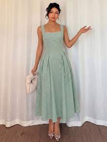 Modelyn 女士绿色编织条纹吊带A字收腰优雅浪漫连衣裙，春夏款 - 綠色 - 查看 7