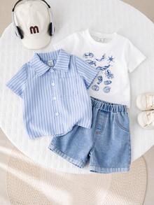 Bộ 3 món gồm: Áo sơ mi kẻ sọc xanh dương, áo phông trắng in hình vỏ sò, quần short denim xanh dương, trang phục thường ngày mùa hè cho bé trai. - Nhiều màu - Xem 8