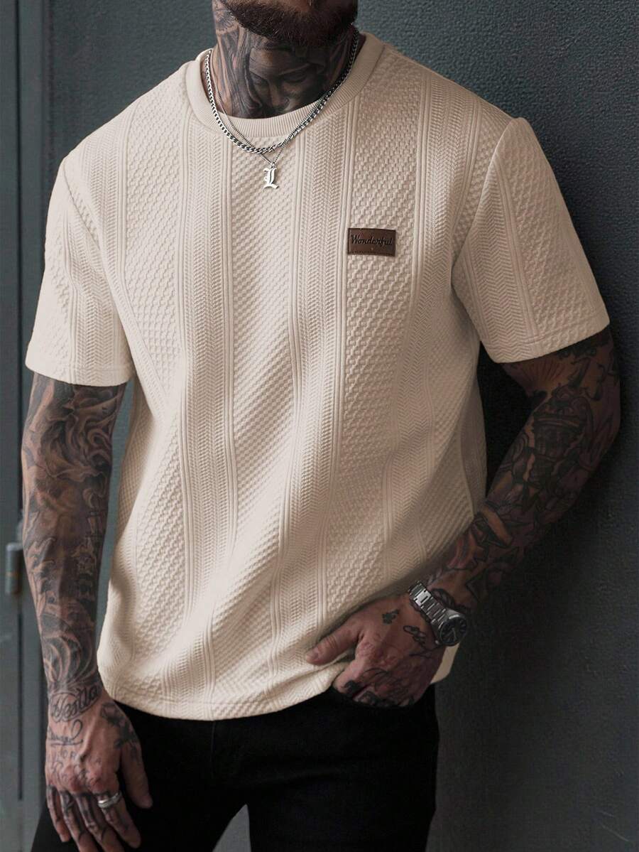 EGENSIO Camiseta casual de manga corta y cuello redondo con gráfico de letras para hombres - Caqui - Ver 1