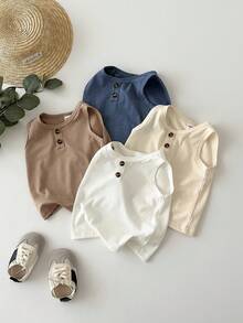 SHEIN Playful Pals 4 peças/Conjunto Colete Regata Branco de Malha Liso para Meninos Bebê, Casual, Combinando com a Família, Botões Decorativos, Pacote Múltiplo de Tricô para 6 Meses a 3 Anos - Multicolorido - Visão 8