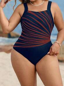 Swim Lushoire Plus Size Women's One-Piece Swimsuit, Basic Minimalist Vacation Sports Style, Slimming Color Block Print - Burgundy - View 4